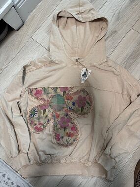 Boho Floral Appliqué Hoodie Sweatshirt - Beige